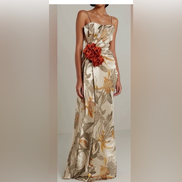 Chic Cream and Brown Asymmetrical Wrap Maxi Dress - Picture 1 of 4